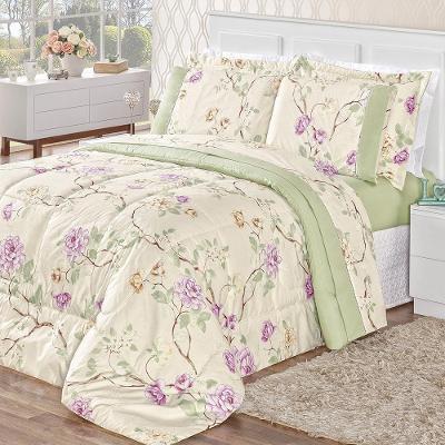 Kit Edredom Dupla Face Casal 3 Peças Naturale Floral Verde
