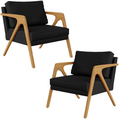 Kit 02 Poltrona Pietra Estrutura De Madeira L02 Corano Preto