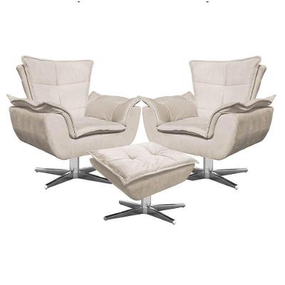 Kit 2 Poltronas Decorativas Base Giratória Cromada Com Puff Opla Suede Bege - Ibiza