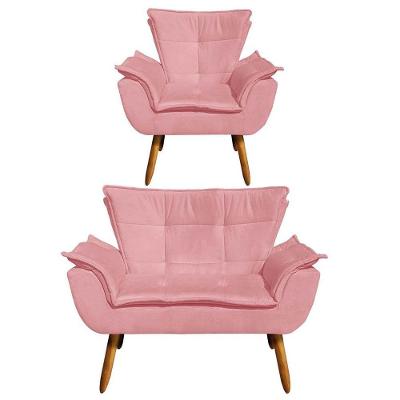 Kit Namoradeira 2 Lugares E 1 Poltrona Decorativa Pés Palito Opla Suede Rose - Ibiza
