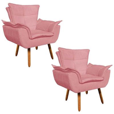 Kit 2 Poltronas Decorativas Sala De Estar Pés Palito Opla Suede Rose - Ibiza