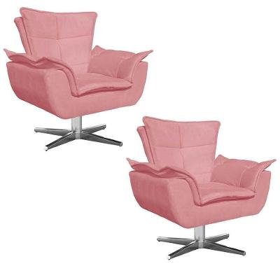 Kit 2 Poltronas Decorativas Sala De Estar Base Giratória Cromada Opla Suede Rose - Ibiza