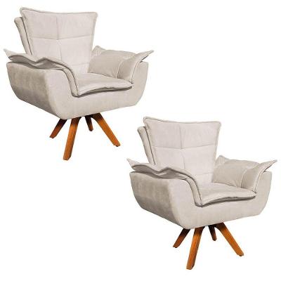Kit 2 Poltronas Decorativas Sala De Estar Base Giratória Madeira Opla Suede Bege - Ibiza