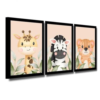 Kit 3 Quadros Safari Aquarela Infantil Quarto Vidro 20X30Cm Título Moldura Mel