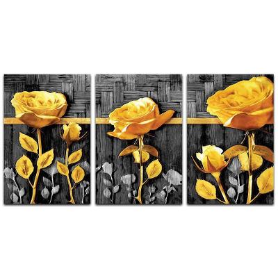Kit Placas Quadros Decorativos 3 Pçs Mdf 20X30 Floridas Título Rosas Douradas