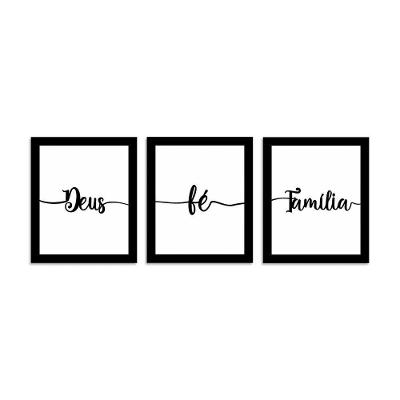 Kit Quadros Deus Fé Família 24cmx28,5cm - Cria Arte Laser Preto