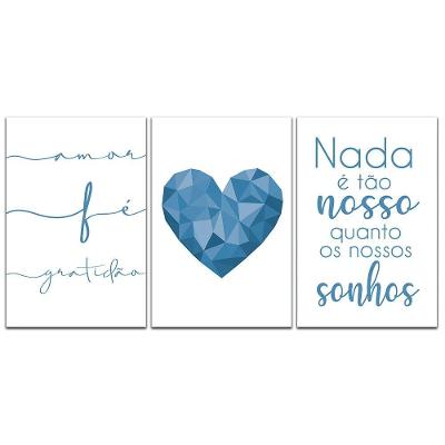 Kit Placas Quadros Decorativos 3 pçs 20x30 Coração Azul aço