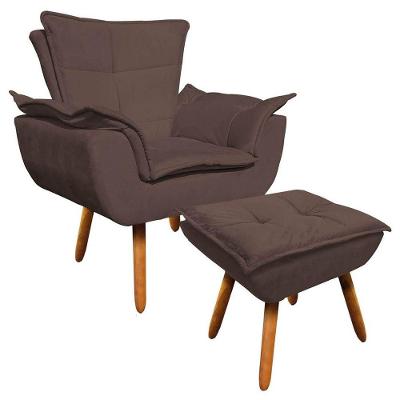 Poltrona Decorativa Pés Palito Com Puff Opla Suede Marrom - Ibiza