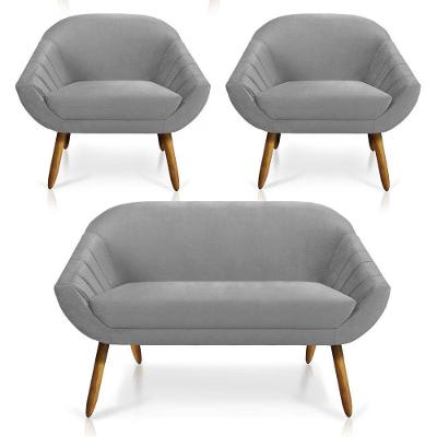 Kit 01 Namoradeira e 02 Poltronas Veludo Cinza Castanho