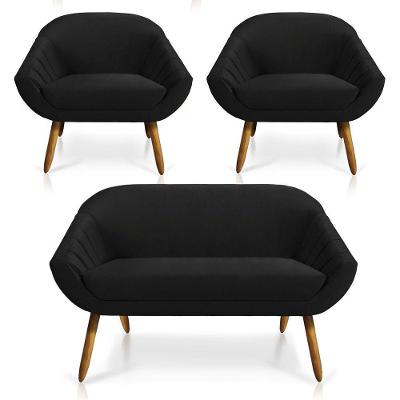 Kit 01 Namoradeira e 02 Poltronas Veludo Preto Castanho