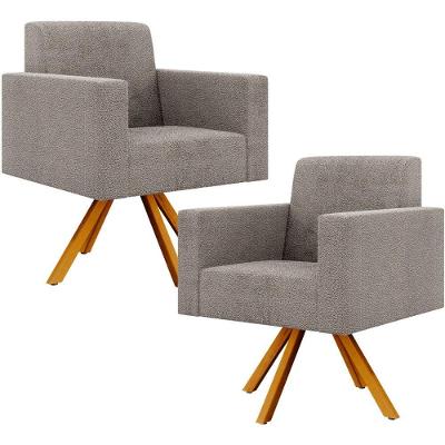 Kit 02 Poltronas Giratórias Base De Madeira Bouclê Bege