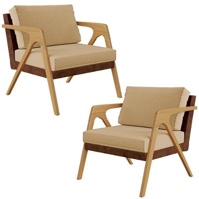 Kit 02 Poltronas Pietra L02 Marrom Linho Bege Escuro