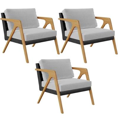 Kit 03 Poltronas Pietra L02 Couríssimo Preto Linho Cinza