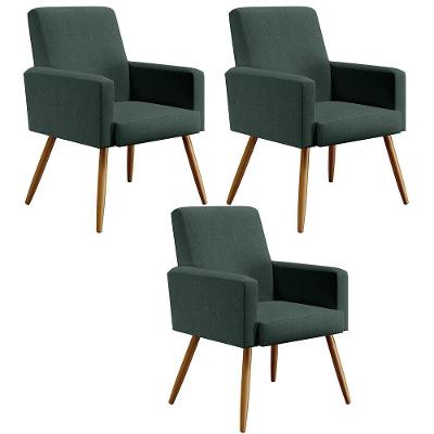 Kit 03 Poltronas Maria W01 Pés Palito Linho Verde Musgo