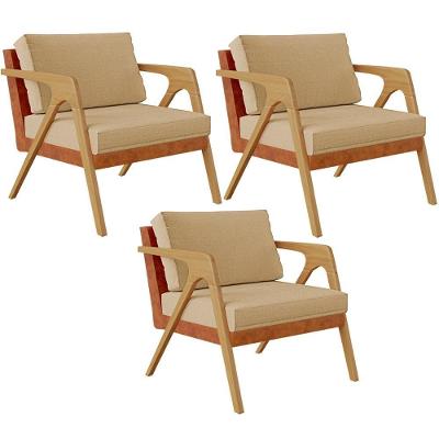 Kit 03 Poltronas Couríssimo Camel Linho Bege Escuro