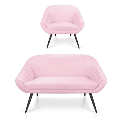 Kit 01 Namoradeira 02 Lugares e 01 Poltrona Giovana Suede Rosa Bebê de Ferro