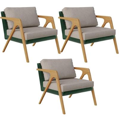 Kit 03 Poltronas Sala L02 Facto Verde Musgo Linho Bege