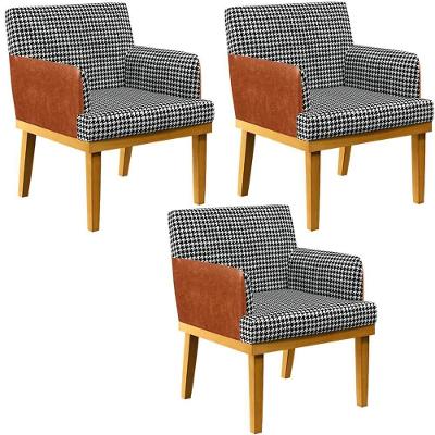 Kit 03 Poltronas Base Mel Suede Pied Poule Couríssimo Camel