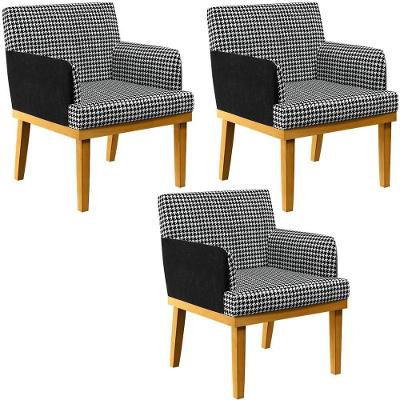 Kit 03 Poltronas Base Mel Suede Pied Poule Couríssimo Preto