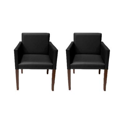 Kit 2 Poltronas Nina Executiva Em Tecido Sintético Preto Pé Maderia Maciça Marrom - Cor: Marrom