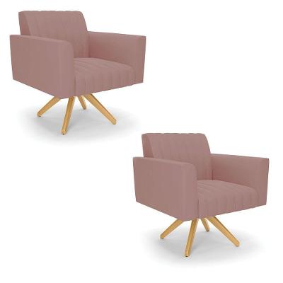 Kit 2 Poltronas Giratória Viena Gomada Veludo Base De Madeira Ma30 - D'rossi Cor Rose