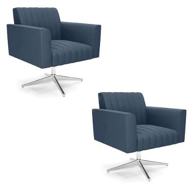 Kit 2 Poltronas Giratória Viena Gomada Suede Base Cromada - D'rossi Cor Azul Marinho