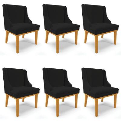 Kit 6 Cadeiras Estofadas Para Sala De Jantar Base Fixa De Madeira Castanho Lia Linho Preto - Ibiza