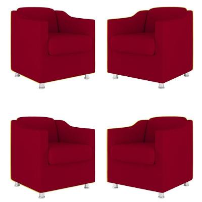 Kit 4 Poltronas Decorativas Clinica Sala Recepção Tecido Suede Cor:Vermelho