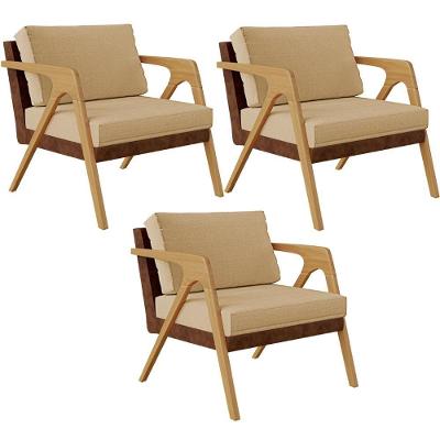 Kit 03 Poltronas Pietra L02 Marrom Linho Bege Escuro