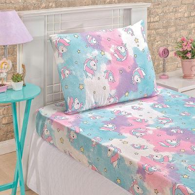 Jogo Cama Lençol Diverkids Solteiro Infantil Malha Soft 100% Algodão 2 Peças - Unicórnio Rosa Azul