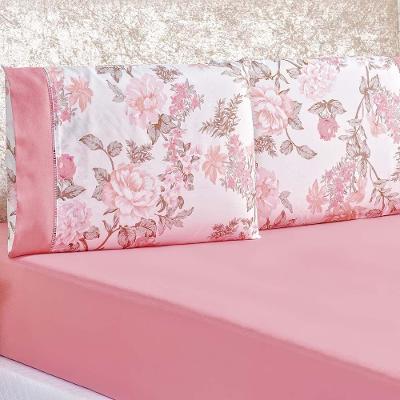 Jogo De Cama Lençol Diamond Queen Tecido Micro Percal 200 Fios 3 Peças - Rosa Floral
