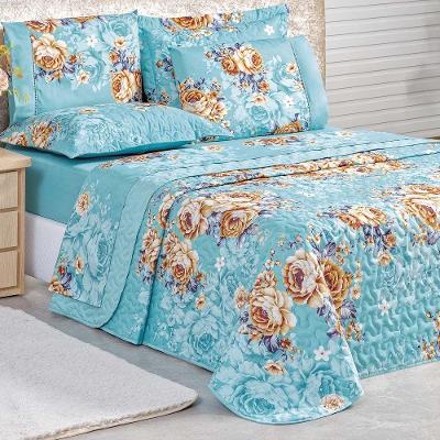 Kit Cobre Leito Queen Diamond Dupla Face Micropercal 200 Fios Estampado 3 Peças - Azul Turquesa