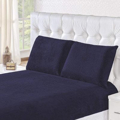 Jogo De Cama Casal Inverno Manta Flannel 3 Pç - Azul