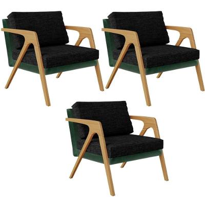 Kit 03 Poltronas Sala L02 Facto Verde Musgo Linho Chumbo