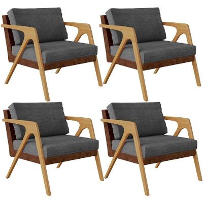 Kit 04 Poltronas Pietra L02 Marrom Linho Cinza Escuro