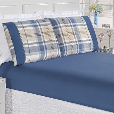 Jogo De Cama Casal Xadrez 200 Fios 3 Peças Azul
