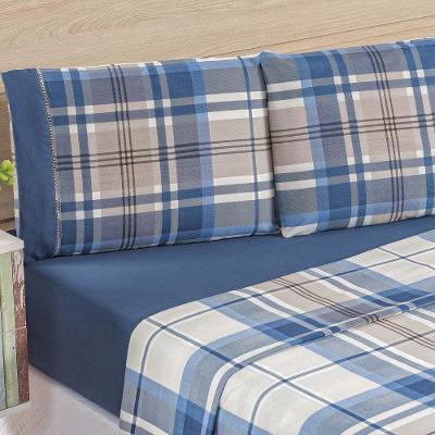 Jogo De Cama Naturale Solteiro Xadrez 200 Fios 3 Peças Azul