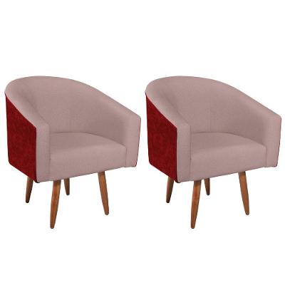 Kit 02 Poltronas Luiza Pés Palito Factor Vermelho E Linho - Adj Decor Cor Rosê