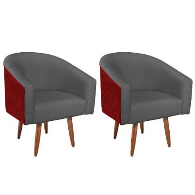 Kit 02 Poltronas Luiza Pés Palito Factor Vermelho E Linho - Amarena Móveis Cor Cinzaescuro