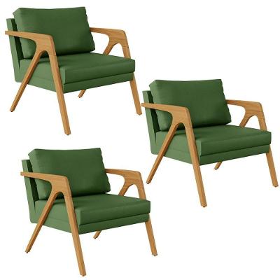 Kit 3 Poltronas Com Estrutura Madeira L02 Facto Verde Musgo