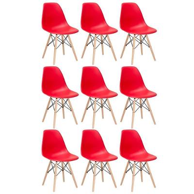 Kit 9 Cadeiras Charles Eames Eiffel Dsw Com Pés De Madeira Clara Vermelho