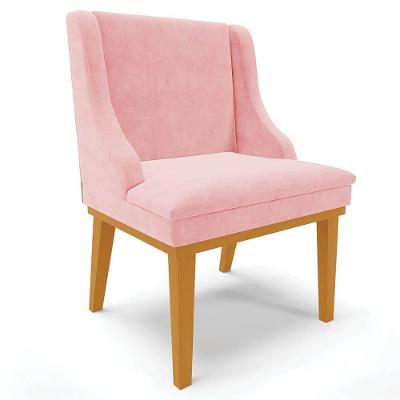 Cadeira Estofada Para Sala De Jantar Base Fixa De Madeira Castanho Lia Suede Rosa Bebê - Ibiza