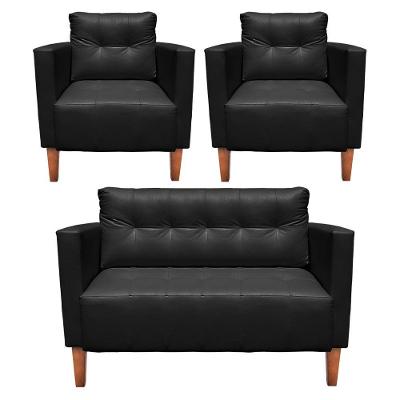Kit 1 Sofá Namoradeira E 2 Poltronas Livia Corino Pés Chanfrado Castanho - D'rossi Cor Preto