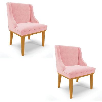 Kit 2 Cadeiras Estofadas Para Sala De Jantar Base Fixa De Madeira Castanho Lia Suede Rosa-Ibiza