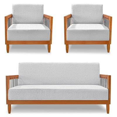 Kit 2 Poltronas E Sofá Living 2 Lugares Marilia 1,60m Linho Base Em Madeira Castanho - Pallazio Cor Cinza
