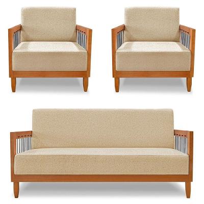 Kit 2 Poltronas E Sofá Living 2 Lugares Marilia 1,60m Linho Base Em Madeira Castanho - Pallazio Cor Dourado