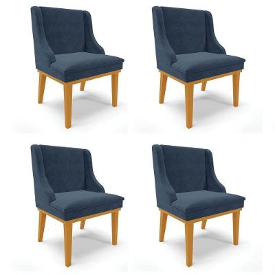 Kit 4 Cadeiras Estofadas Para Sala De Jantar Base Fixa De Madeira Castanho Lia Suede Azul-Ibiza