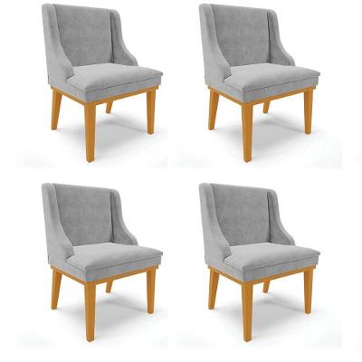 Kit 4 Cadeiras Estofadas Para Sala De Jantar Base Fixa De Madeira Castanho Lia Suede Cinza - Ibiza