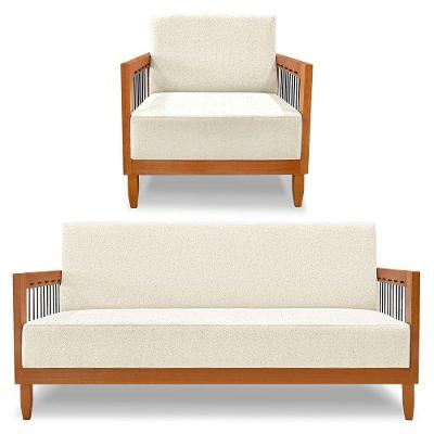 Kit Poltrona E Sofá Living 2 Lugares Marilia 1,60m Linho Base Em Madeira Castanho - Pallazio Cor Natural
