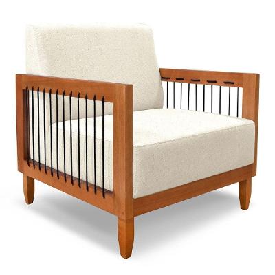 Poltrona Decorativa Marilia Linho Natural Base Em Madeira Castanho - Pallazio